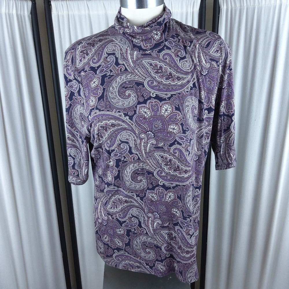 Lauren Ralph Lauren Paisley Print Short‎ Sleeve Stretch Turtleneck Women's Sz XL